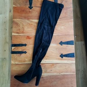 Tieback thigh high velvet boots